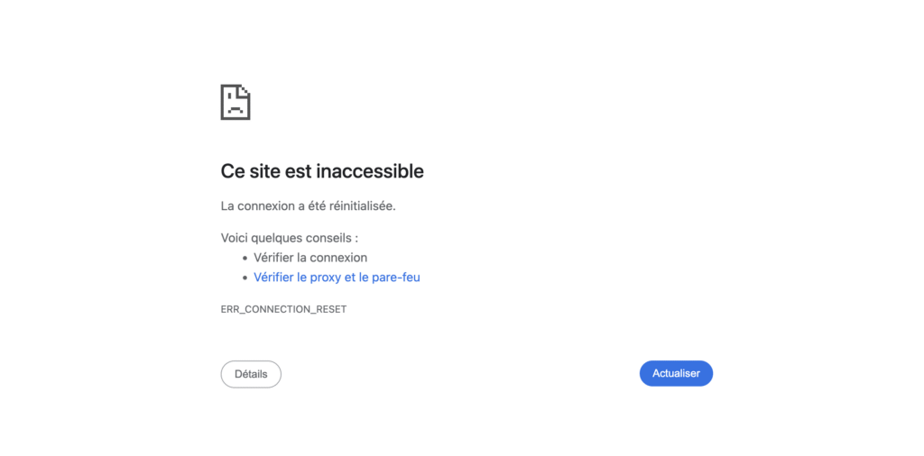 Capture d'écran de l'erreur ERR_CONNECTION_RESET sur Chrome